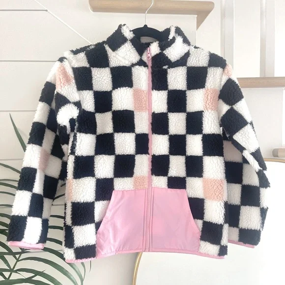 Girl’s, Black & Pink Checkerboard Fleece Coat, SiZe7/8, Treasure & Bond